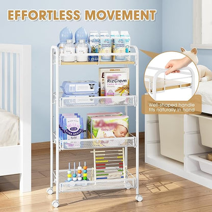 TOOLF 4-Tier Rolling Cart, Metal Utility Cart, Slide Out Storage Cart with Wooden Tabletop and Mesh Baskets, Easy Assemble Trolley for Kitchen Bathroom Laundry Room Bedroom Apartments Dormitory