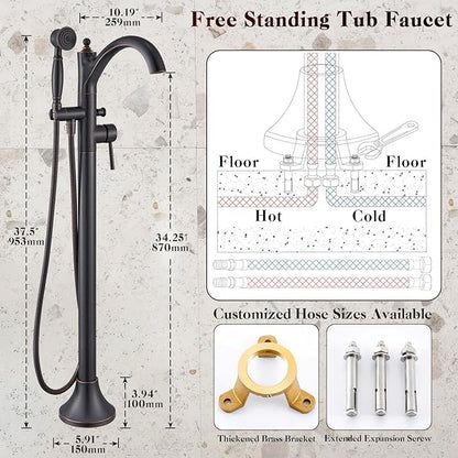 Freestanding Bathtub Faucet, Classic Free Standing Tub Faucet with Retro Handheld Sprayer High Flow Max 7.04GPM Floor Mounted Tub Fillers Swivel Spout Tub Faucets Oil Rubbed Bronze (WT-9002ORB)