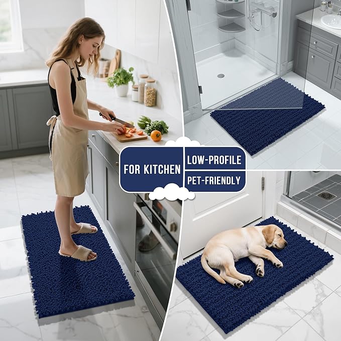 Yimobra Bathroom Runner Rug 55x24 Inch - Extra Long Non Slip Chenille Bath Mat, Soft & Absorbent, Machine Washable Shaggy Hallway Carpet for Vanity Tub Shower, Navy Blue Home Decor Accessories