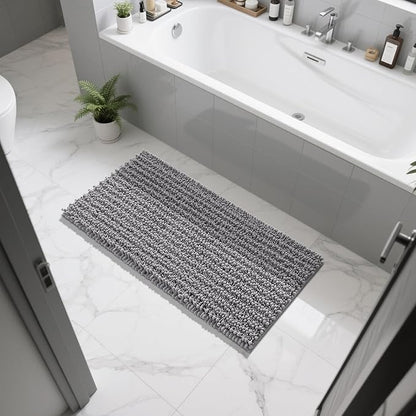 Yimobra Long Bathroom Rugs Non Slip Washable 44x24 Inch - Ultra Soft Absorbent Chenille Bath Mat, Quick Dry Shaggy Floor Carpet for Tub Shower, Gray Home Decor Accessories