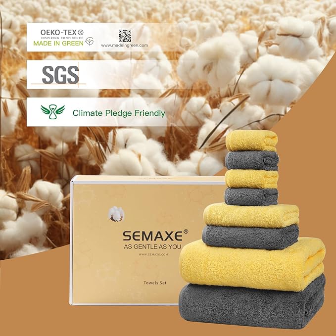 SEMAXE Bath Towel Set, 100% Cotton Bathroom Towels with Hanging Loops, Soft & Absorbent, 8 Piece Towel Set Include 2 Bath Towels, 2 Hand Towels, 4 Washcloths, Yellow & Grey