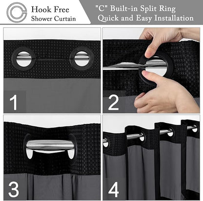 Gibelle No Hook Waffle Weave Shower Curtain with Snap-in Fabric Liner Set for Bathroom, Hotel Style with Mesh Top Window, Waterproof & Washable, Black, 72x74