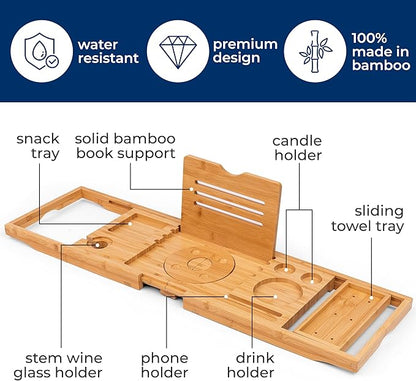 SereneLife Bathtub Tray - Expandable Bath Tray for Tub, Foldable Adjustable Bamboo Caddy with Non-Slip Handles, Device Holder and Wine Glass Slot for Bathing Luxury (Folding, Hard Back, Gift Set)