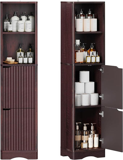 67" Tall Bathroom Organizer and Storage, Narrow Storage Cabinet with 2 Doors and 4 Shelves, Freestanding Floor Storage Unit,15.7" W x 11.8" D x 66.9" H, Walnut