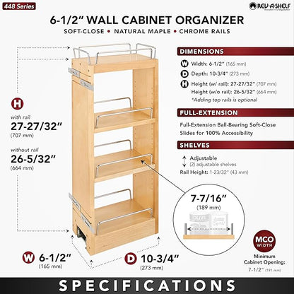 Rev-A-Shelf 6" Pull Out Shelf Organizer for Kitchen and Bathroom Cabinets, Wooden Slide Out Spice or Medicine Rack w/Soft-Close, 448-BBSCWC-6C