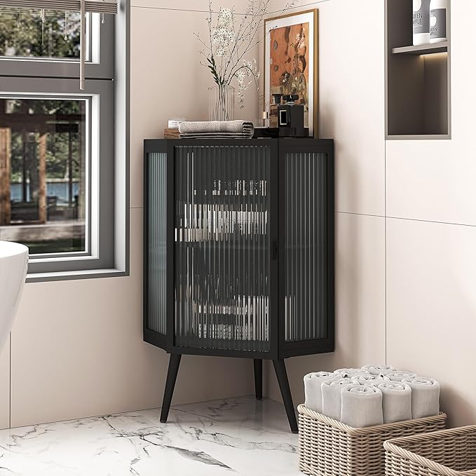 Corner Storage Cabinet with Glass Door, 31" & 43" Freestanding Triangle Floor Cabinet Modern Display Organizer Medicine Cabinets for Bathroom Living Room Bedroom (Black, 31')