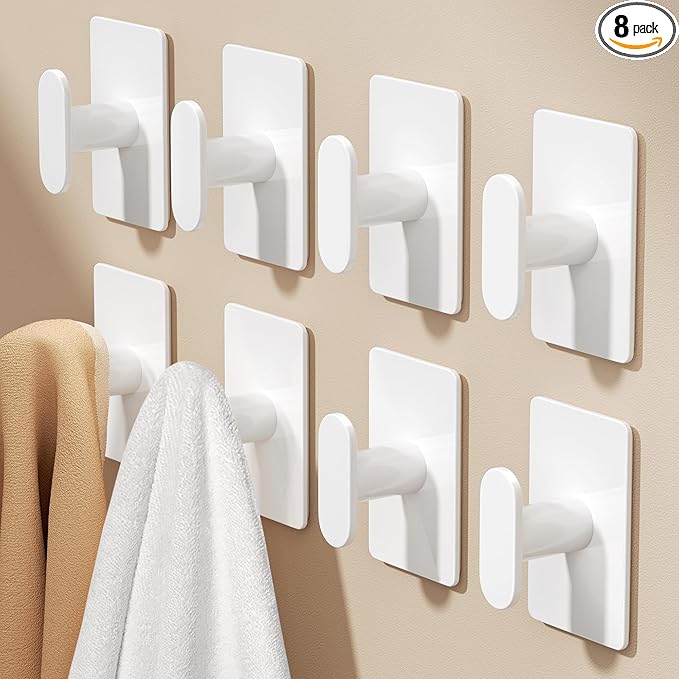 pickpiff Adhesive Towel Hooks for Bathroom: 20LB Extra Strong Wall Hanger for Shower Kitchen RV Dorm Apartment, White 8 Pack