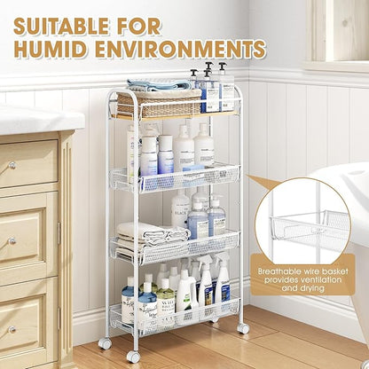 TOOLF 4-Tier Slim Rolling Cart, Metal Utility Cart, Slide Out Storage Cart with Wooden Tabletop and Mesh Baskets for Narrow Space on Kitchen Bathroom Laundry Room Bedroom Apartments Dormitory