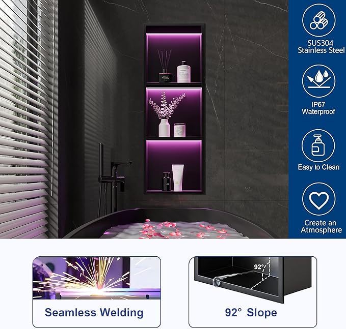 3-Tiers 12x36Inch Wall Niche with RGB LED Light Strips, Matte Black Shower Niche Shelf Cabinet, Stainless Steel Bathroom Shelf, NO Tile Needed Recessed Waterproof Storage Organizer