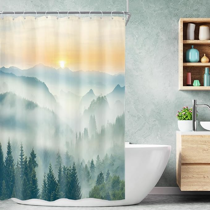 Riyidecor Small Stall Mountain Shower Curtain 48Wx72H Inch Rv Narrow Green Sunset Sunrise Scenery Landscape Woodland Greenery View Bathroom Decor Fabric Polyester Waterproof 8 Pack Hooks