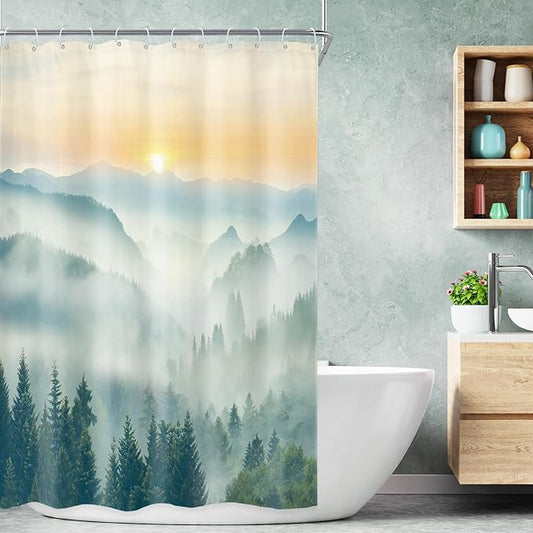 Riyidecor Small Stall Mountain Shower Curtain 48Wx72H Inch Rv Narrow Green Sunset Sunrise Scenery Landscape Woodland Greenery View Bathroom Decor Fabric Polyester Waterproof 8 Pack Hooks