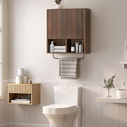 Fluted Wall Cabinet Set of 2, Wooden Bathroom Medicine Cabinet Storage with 2 Doors, Adjustable Shelf and Towels Bar, Modern Wall Mount Large Floating Cabinet for Kitchen Brown