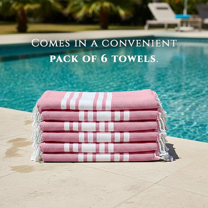 Turkish Cotton Beach Towel Pack of 6 & 1 Boho Tote Bag - Hammam Towels - No Shrink - Quick Dry - Lightweight - Sand Free - Camping - Pool - Tanning - Beach Essentials - Coral (40"x70")