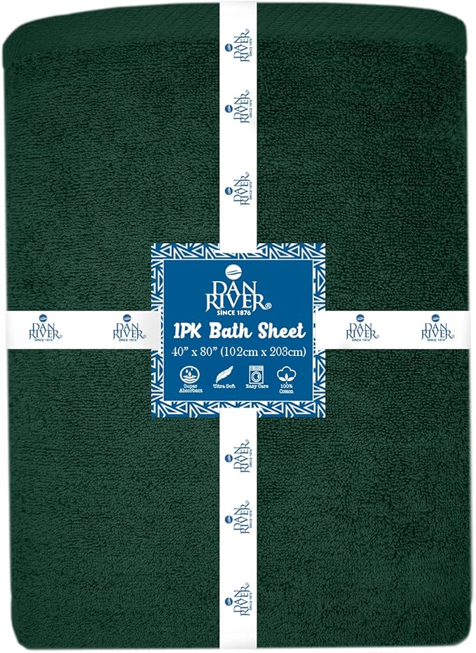 DAN RIVER Pack of 1 Bath Sheet 40x80 Inches, Oversized Bath Towels Extra Large, Organic Cotton Towels for Bathroom - Hunter Green