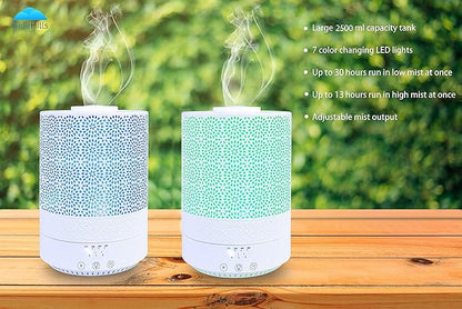 BlueHills 2500 ML XL Essential Oil Diffuser Aroma Humidifier with Timer for Large Home Decor Baby Rooms Big Huge 2.5 L Capacity Long Run Color Changing Lights Decorative Design High Mist White- F002