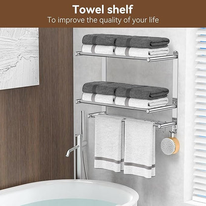 Bathroom Towel Rack with Shelf and Towel Bar, 2-Tier Expandable (16.9 to 28 Inches) SUS304 Stainless Steel, Wall Mounted or Adhesive, 4 Sliding Hooks Rust Resistant, Rounded Corners, Side Guards
