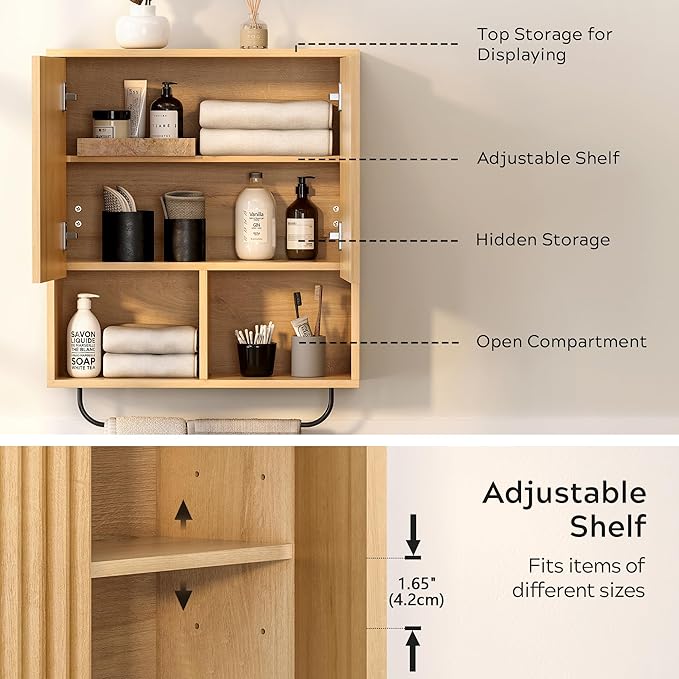 Fluted Wall Cabinet Set of 2, Wooden Bathroom Medicine Cabinet Storage with 2 Doors, Adjustable Shelf and Towels Bar, Modern Wall Mount Large Floating Cabinet for Kitchen Natural Oak