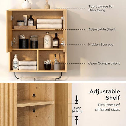 Fluted Wall Cabinet Set of 2, Wooden Bathroom Medicine Cabinet Storage with 2 Doors, Adjustable Shelf and Towels Bar, Modern Wall Mount Large Floating Cabinet for Kitchen Natural Oak