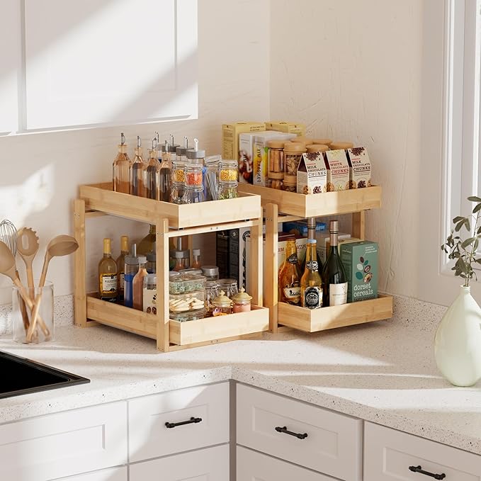 2 Pack Under Sink Organizer, Bamboo Wooden 2-Tier Pull-Out Storage with Sliding Drawers for Kitchen and Bathroom Cabinets, Easy Installation (Natural, 1 pack)