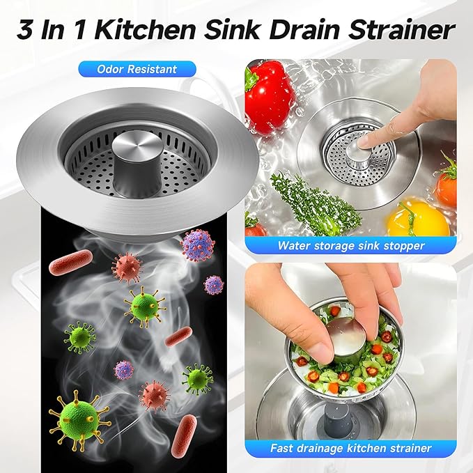 3 in 1 Kitchen Sink Drain Strainer Sink Stopper, Stainless Steel Sink Drain Strainer with Anti-Clogging Basket, Kitchen Sink Drain Filter Plug for US Standard 3-1/2 Inch Drain (1Pack)