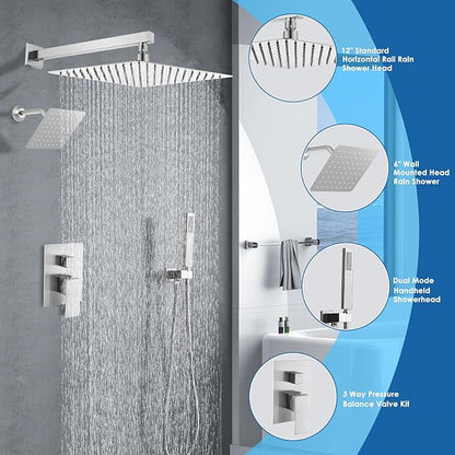 12" Shower Faucet Set Rain Shower System with 6" Wall Mounted Head Full Body Luxury Rain Shower System Rainfall Shower Head with Handheld Combo,3 Way Pressure Balance Valve Kit,Brushed Nickel