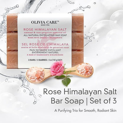 Olivia Care Exfoliating Bar Soap With Rose Himalayan Salt Natural & Organic - Infused w/Oatmeal & Rose Essential Geranium Oil - Moisturize, Detoxify, Hydrate - 3 X 5 OZ