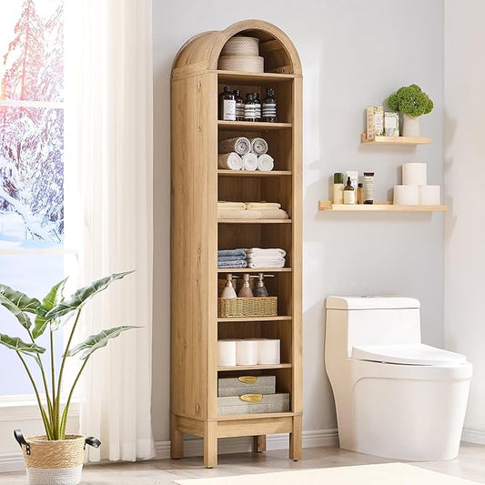 71" Tall Arched Bathroom Storage Cabinet, 8-Tier Modern Farmhouse Storage Cabinet with Adjustable Shelves, Wood Freestanding Cabinet for Bathroom, Living Room, Entryway, Hallway (Natural)