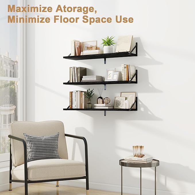 Fun Memories Floating Shelves, 32 x 8 Inches, Set of 3 Wall-Mounted Bookshelves with Metal Brackets, Decorative Storage for Home and Office (Black)