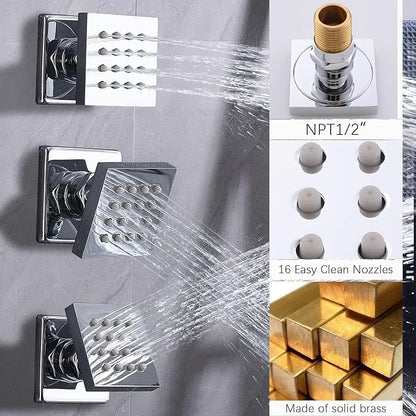 Shower Faucet Set Polished Chrome Shower System Luxury 12 Inch Wall Mounted Full Body Shower System with Body Jets and Handheld Spray, Water Temperature Display Shower Fixtures