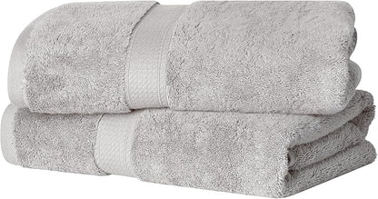 Superior Egyptian Cotton Pile Bath Towel Set of 2, Ultra Soft Luxury Towels, Thick Plush Essentials, Absorbent Heavyweight, Guest Bath, Hotel, Spa, Home Bathroom, Shower Basics, Silver