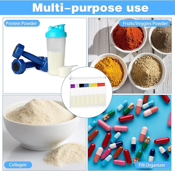 67pcs Protein Powder Travel Container Set 42 Single Dose Bags 6 Large Reusable Supplement Containers Portable Zip Pouches with Funnels Spoons Labels for Travel Gym Bath Salts Storage(Multicolor)