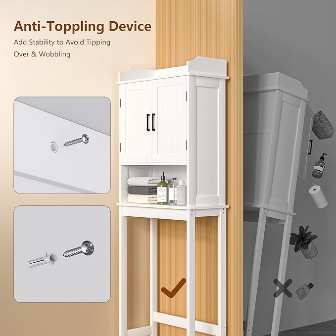 BlueWish Over The Toilet Storage Cabinet, 66.9" H Over Toilet Bathroom Organizer with Adjustable Shelves, Anti-toppling Design, Tall Over Toilet Storage for Laundry Room, Balcony