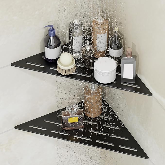 Corner Shower Caddy Shelf, Recessed Built-in Bathroom Storage for Tiled 90° Walls, Matte Black 304 Stainless Steel, Set of 2