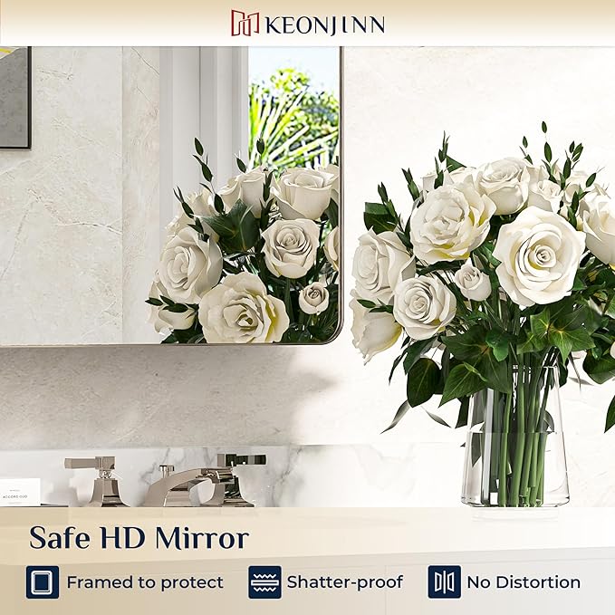 Keonjinn 24 x 32 Inch Brushed Nickel Mirrored Medicine Cabinet, Recessed Medicine Cabinets for Bathroom, Silver Stainless Steel Framed, Adjustable Shelves, in Wall or Surface Mount, Modern Style