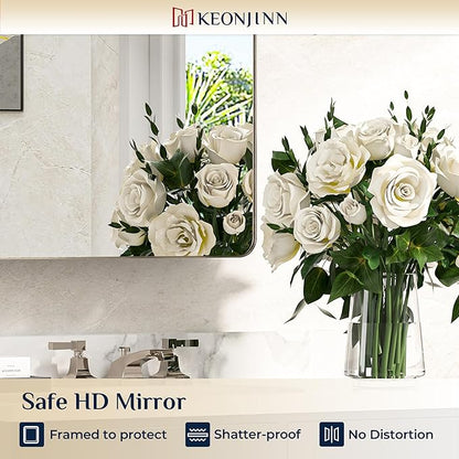 Keonjinn 24 x 32 Inch Brushed Nickel Mirrored Medicine Cabinet, Recessed Medicine Cabinets for Bathroom, Silver Stainless Steel Framed, Adjustable Shelves, in Wall or Surface Mount, Modern Style