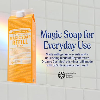 Dr. Bronner's Magic Soap-Pure-Castile Liquid Refill (Citrus, 32 ounce, 2-Pack) - Made with Regenerative Organic Certified Oils, For Body, Hair, Laundry, Pets & Dishes - Concentrated, Vegan, Non-GMO