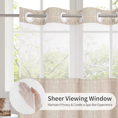 MitoVilla No Hooks Required Farmhouse Shower Curtain with Snap-in Liner - with Window & Magnets, Boho Cotton Linen Fabric Shower Curtains with Tassels for Rustic Bathroom Decor, Tan/Taupe, 72 x 74