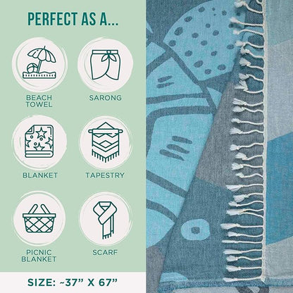 Sand Cloud Oversized Turkish Beach Towel (Bruno Blue) - 100% Certified Cotton Turkish Bath Towels - Sand Free & Quick Dry Large Beach Towel for Pool, Yoga, Picnic & Travel - As Seen on Shark Tank