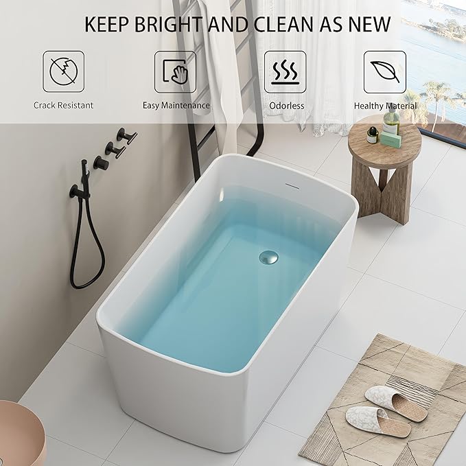 Abruzzo 49" Small Freestanding Bathtub - Square Acrylic Soaking Tub for Small Spaces, Japanese Style Deep Soak with Chrome Overflow & Quick Drain, Gloss White cUPC Certified Compact Bathtub