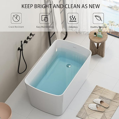 Abruzzo 49" Small Freestanding Bathtub - Square Acrylic Soaking Tub for Small Spaces, Japanese Style Deep Soak with Chrome Overflow & Quick Drain, Gloss White cUPC Certified Compact Bathtub