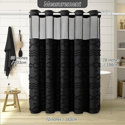 No Hooks Required Boho Farmhouse Shower Curtain Tufted Chevron Striped with Snap in Liner - 72W x 80H, Water Resistant Hotel Grade Spa Like Bathroom Curtain Set, Black