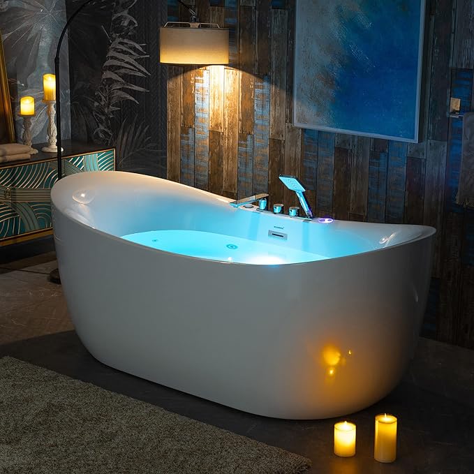 WOODBRIDGE 72" x 35-3/8" Whirlpool Water Jetted and Air Bubble Freestanding Heated Soaking Combination Bathtub wirh LED control panel and Faucet, BJ400+F0041CH