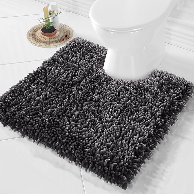 Yimobra Toilet Rugs U Shaped Washable, Extra Thick Soft Absorbent Chenille Contour Bathroom Rugs for Toilet 24x24 Inch, Quick Dry Non Slip Toilet Mat for Bath Floor, Dark Grey