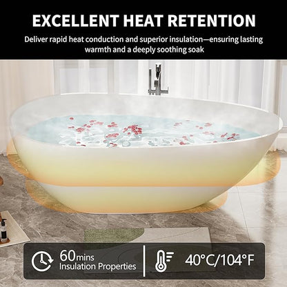 Abruzzo 59“ Solid Surface Freestanding Bathtub, Egg Shell Shaped Stone Resin Freestanding Tubs, Contemporary Oval Soaking Tubwith Overflow in Glossy White, cUPC Certified