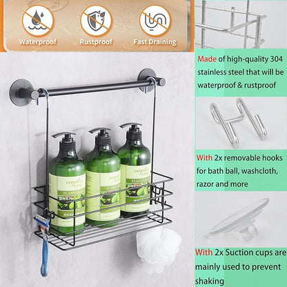 2pcs Single-Layer Shower Caddy Hanging Shower Orangizer Stainless Steel Shower Rack with Hooks Over The Door, Shampoo Basket Storage (Black)