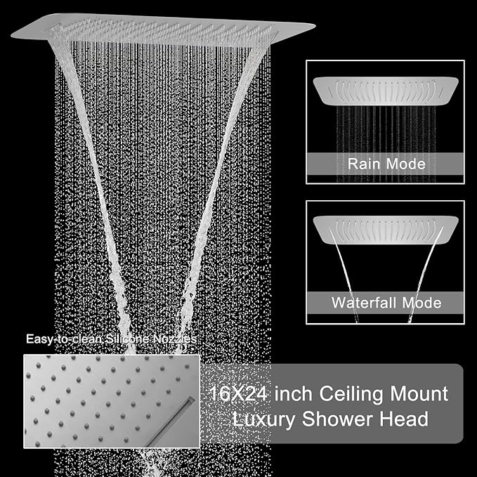 Brushed Nickel Digital Display Shower System with 16X24 inch Ceiling Overhead Shower Head(Rain & Waterfall Two Modes), 4 PCS Body Jet and Handheld Spray