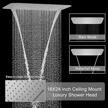 Brushed Nickel Shower Faucet Set with 6 PCS Body Jet, 16X24 inch Ceiling Mount Shower Head(Rainfall&Waterfall Mode), Handheld Shower, with Digital Temperature Display Function