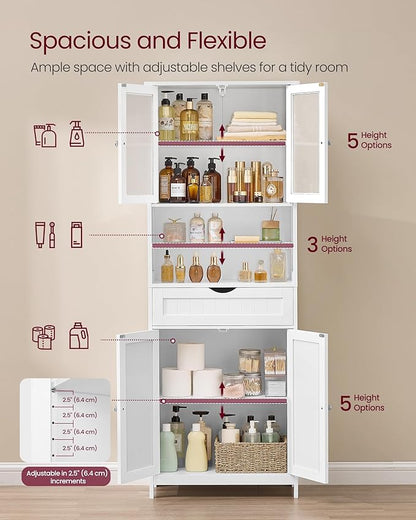 VASAGLE Storage Cabinet, Freestanding Storage Unit with Adjustable Shelves, Drawer, Open Compartments, for Bathroom, Living Room, Kitchen, Cloud White UBBC768WH01S