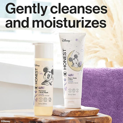 The Honest Company 2-in-1 Cleansing Shampoo and Body Wash Face Lotion Bundle Disney Design Gentle Enough for Baby Dermatologist Tested Calm Lavender 18.5 fl oz