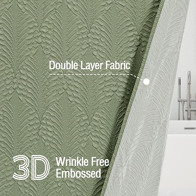 Gibelle Sage Green Shower Curtain for Bathroom, 3D Embossed Textured Fabric Shower Curtain, Modern Farmhouse Chic Soft Cloth Shower Curtain Set with Hooks, 72x72